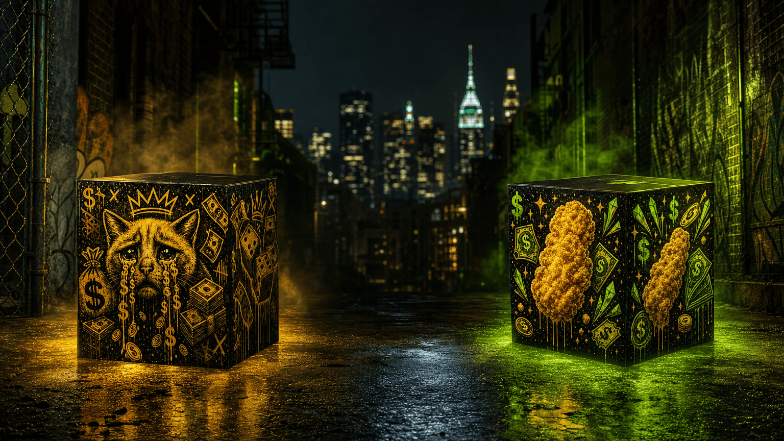 Hood.Rich meme collab boxes lined up in a neon graffiti alley